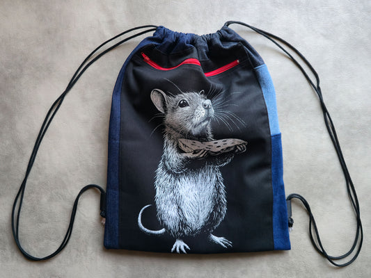 Rat With Cheese Drawstring Backpack | Handmade Screen Printed Bag| Upcycled Denim Backpack