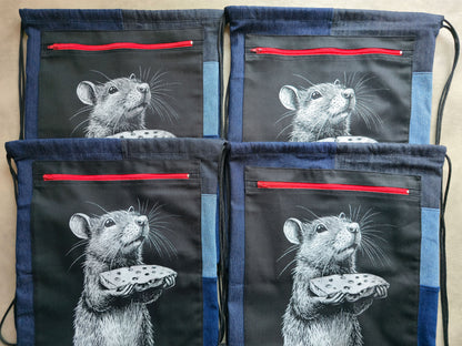 Rat With Cheese Drawstring Backpack | Handmade Screen Printed Bag| Upcycled Denim Backpack