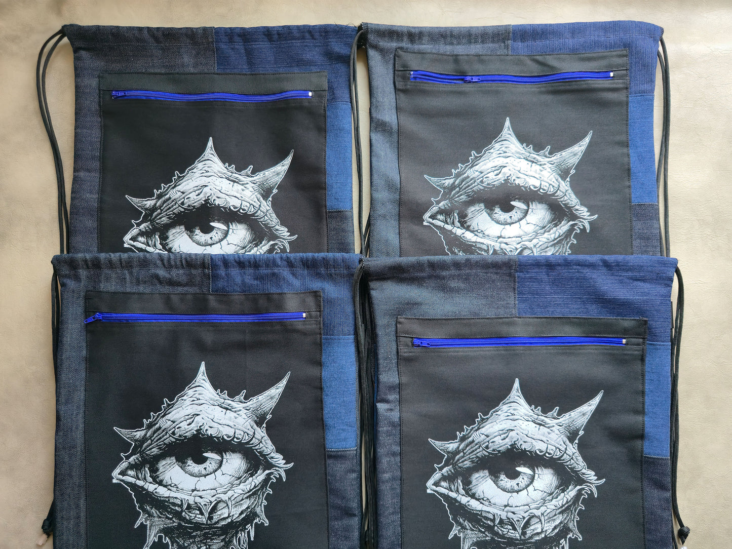 Eye See You Drawstring Backpack | Handmade Screen Printed Bag | Upcycled Denim Backpack