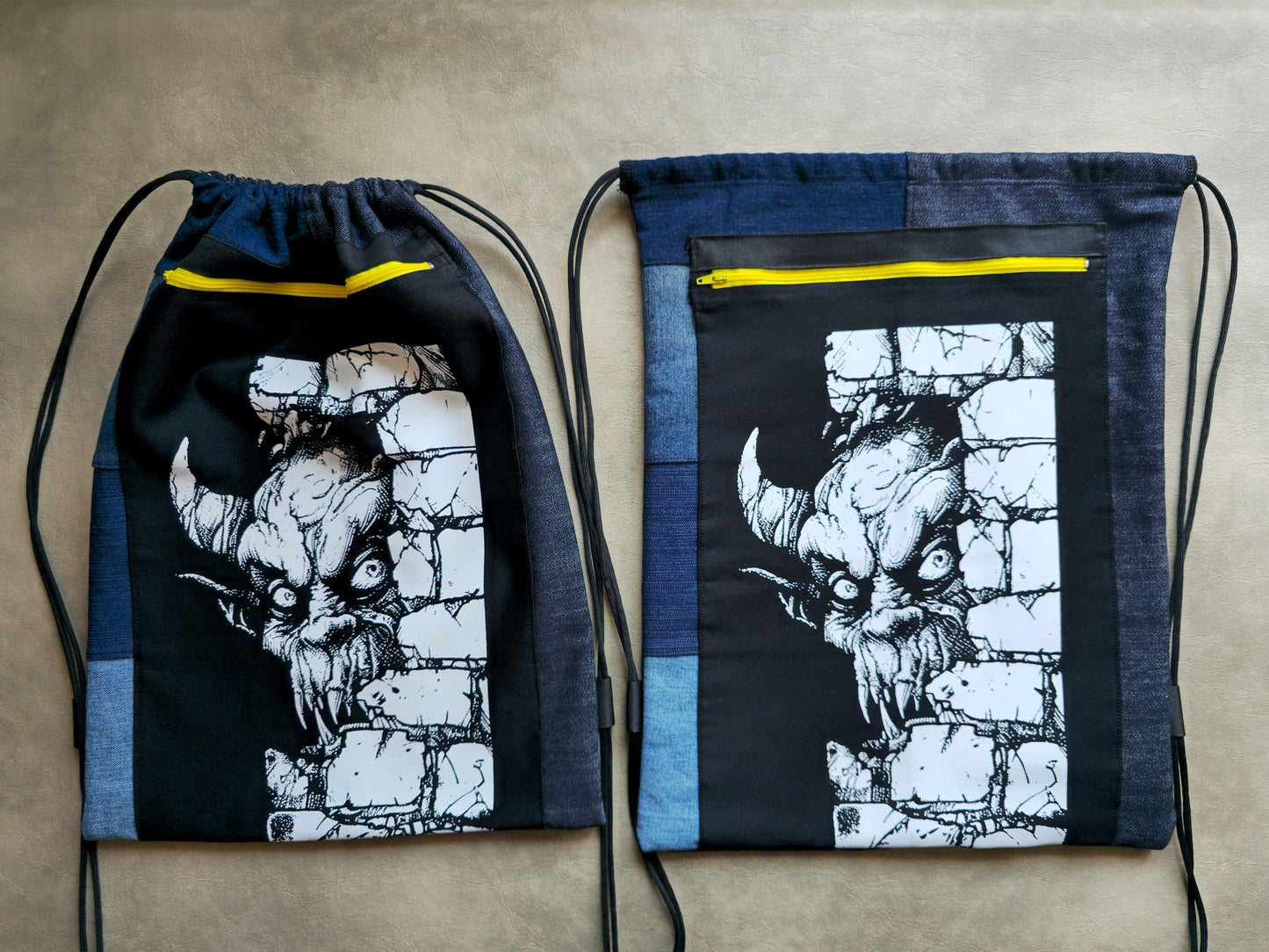 Wall Monster Drawstring Backpack | Handmade Screen Printed Bag | Upcycled Denim Backpack