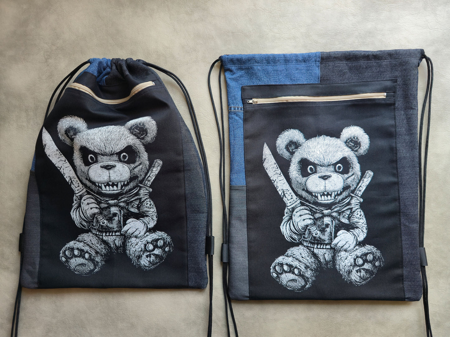 Killer Teddy Bear Drawstring Backpack | Handmade Screen Printed Bag | Upcycled Denim Backpack