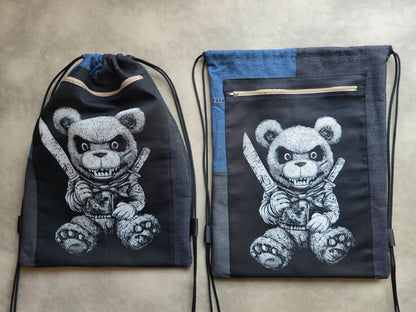 Killer Teddy Bear Drawstring Backpack | Handmade Screen Printed Bag | Upcycled Denim Backpack