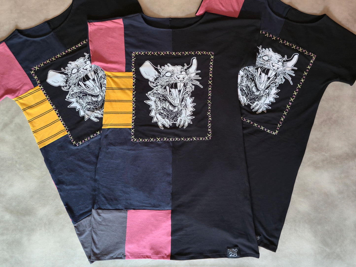 Screaming Rat Patch Dress | Handmade Screen Printed Dress | Zero waste Patchwork Dress