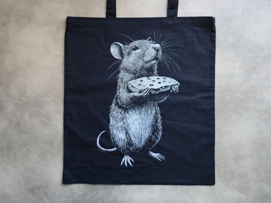 Rat With Cheese Tote Bag | Screen Printed Rat Tote | Cotton Tote Bag