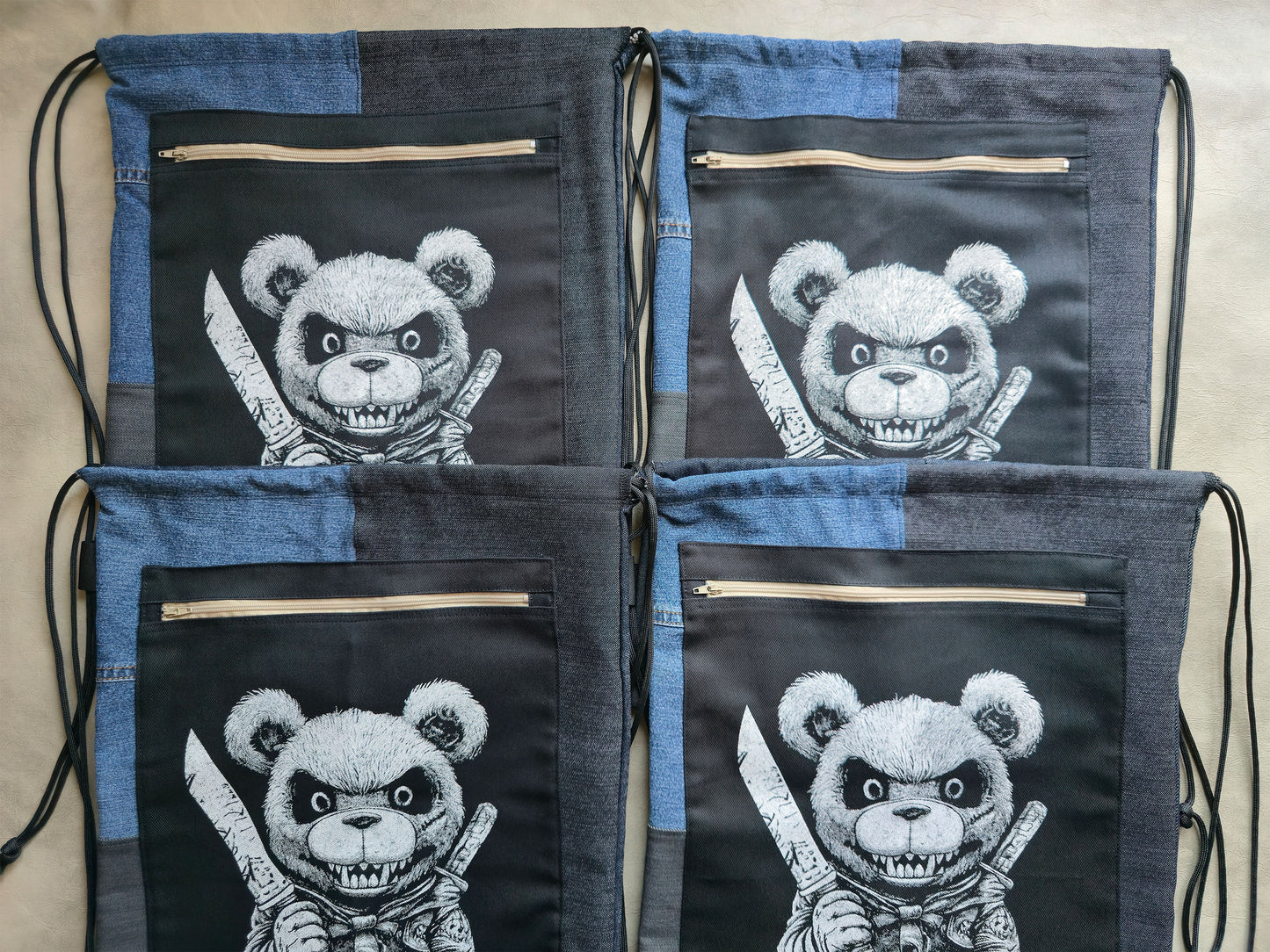 Killer Teddy Bear Drawstring Backpack | Handmade Screen Printed Bag | Upcycled Denim Backpack
