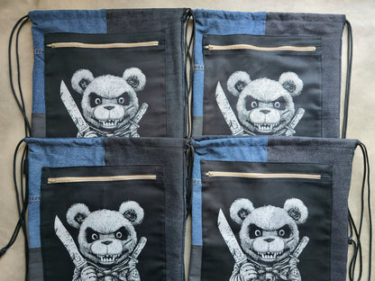 Killer Teddy Bear Drawstring Backpack | Handmade Screen Printed Bag | Upcycled Denim Backpack