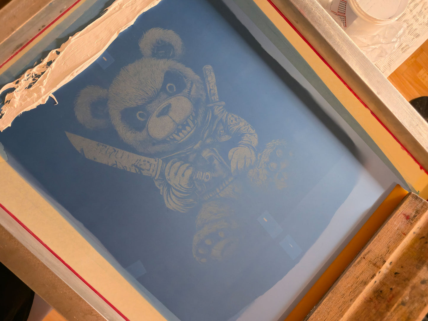 Killer Teddy Bear Drawstring Backpack | Handmade Screen Printed Bag | Upcycled Denim Backpack