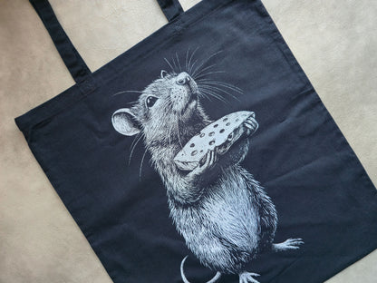 Rat With Cheese Tote Bag | Screen Printed Rat Tote | Cotton Tote Bag