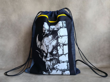 Wall Monster Drawstring Backpack | Handmade Screen Printed Bag | Upcycled Denim Backpack
