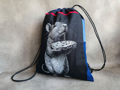Rat With Cheese Drawstring Backpack | Handmade Screen Printed Bag| Upcycled Denim Backpack