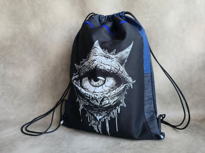 Eye See You Drawstring Backpack | Handmade Screen Printed Bag | Upcycled Denim Backpack