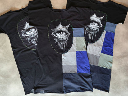 Eye See You Patch Dress | Handmade Screen Printed Dress | Zero waste Patchwork Dress