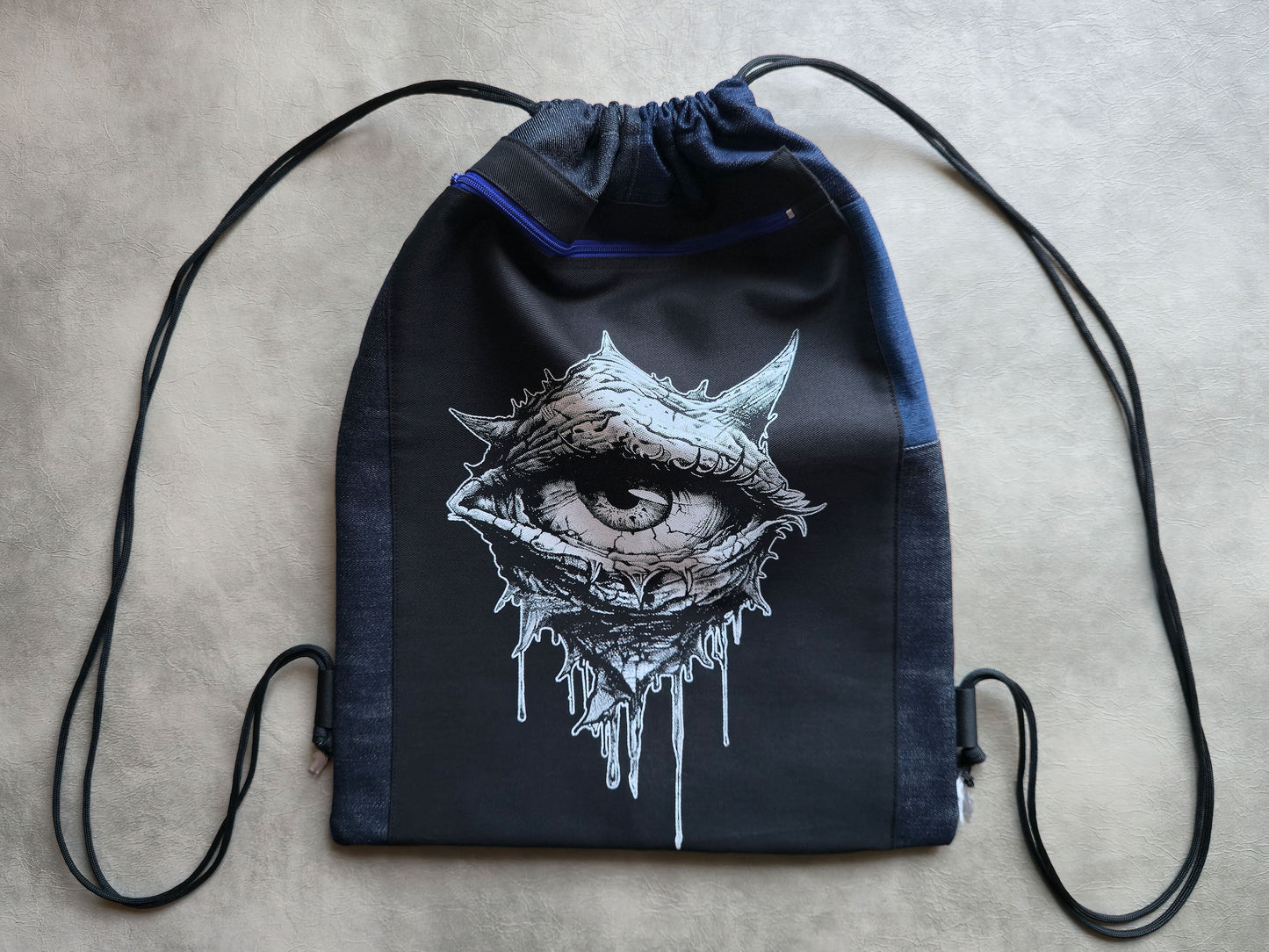 Eye See You Drawstring Backpack | Handmade Screen Printed Bag | Upcycled Denim Backpack