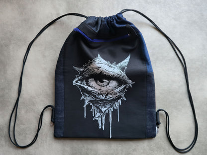 Eye See You Drawstring Backpack | Handmade Screen Printed Bag | Upcycled Denim Backpack