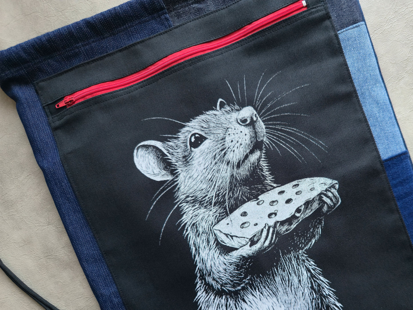 Rat With Cheese Drawstring Backpack | Handmade Screen Printed Bag| Upcycled Denim Backpack