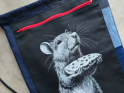 Rat With Cheese Drawstring Backpack | Handmade Screen Printed Bag| Upcycled Denim Backpack