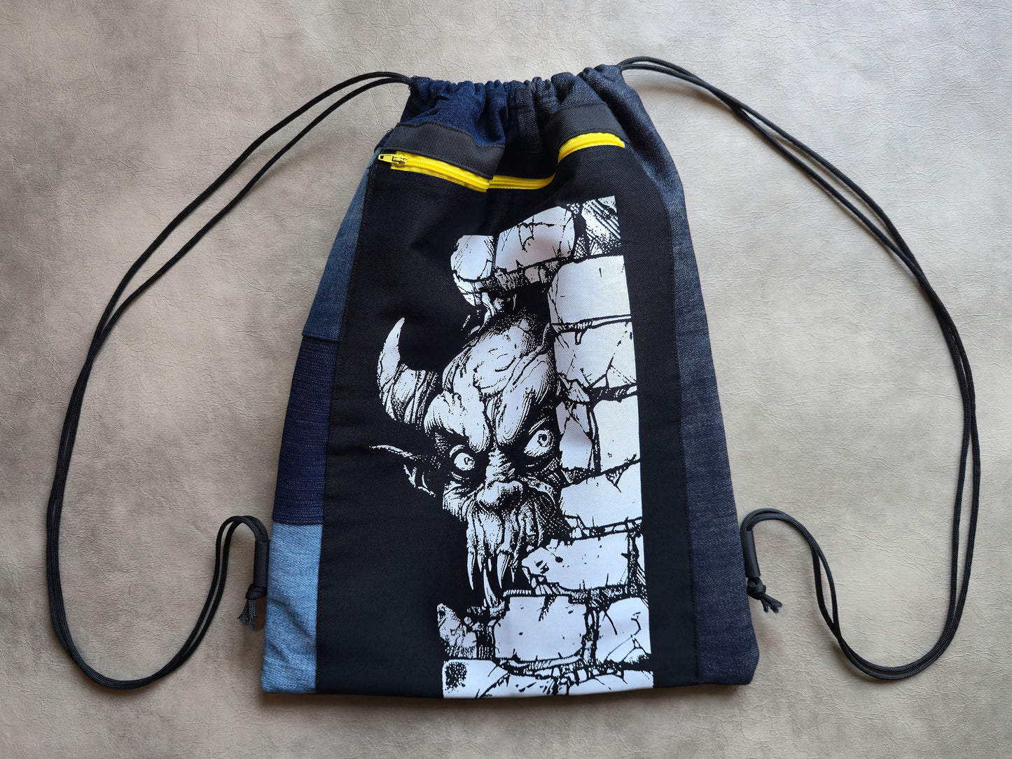 Wall Monster Drawstring Backpack | Handmade Screen Printed Bag | Upcycled Denim Backpack