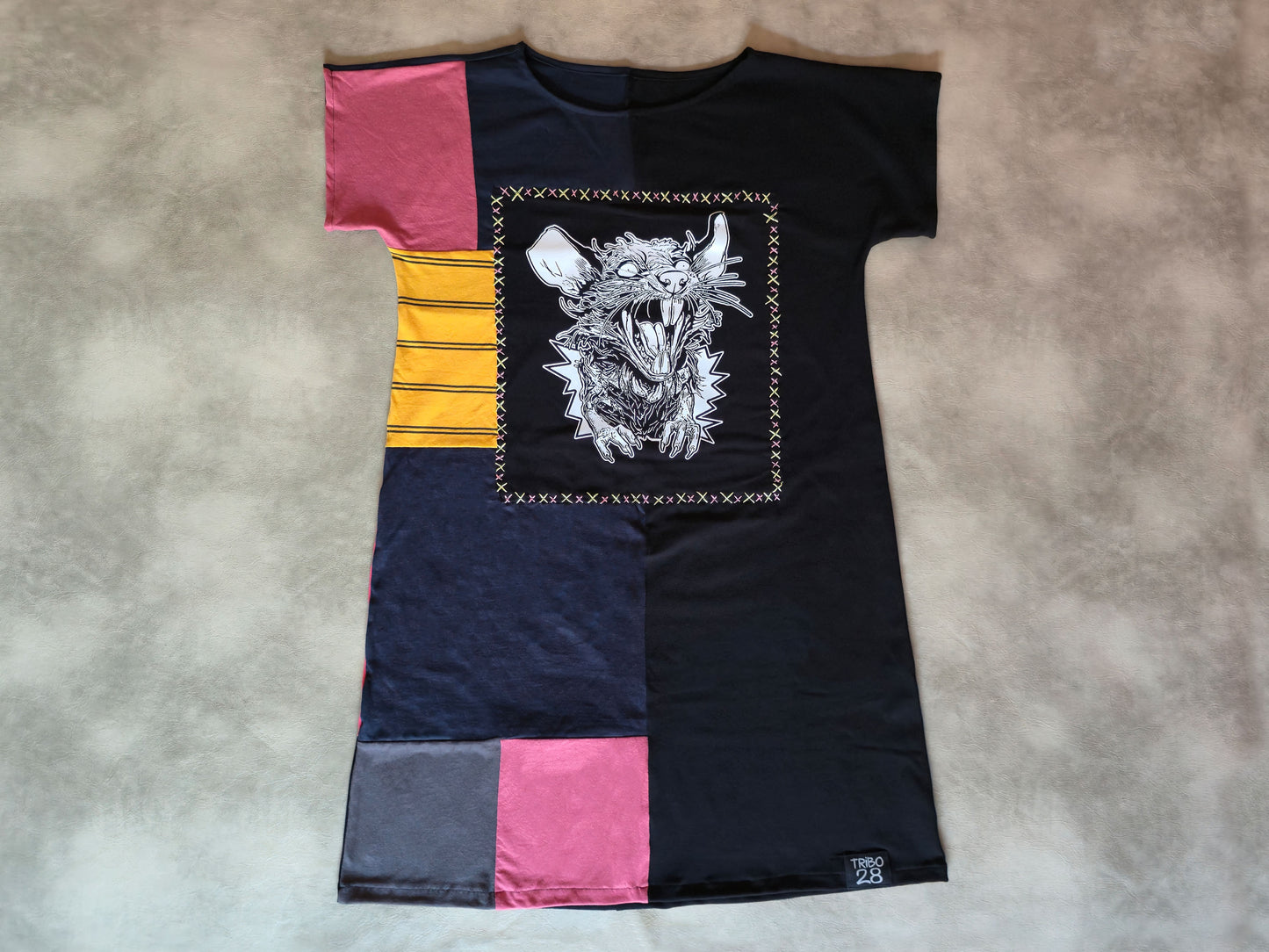 Screaming Rat Patch Dress | Handmade Screen Printed Dress | Zero waste Patchwork Dress