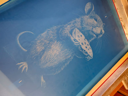 Rat With Cheese Drawstring Backpack | Handmade Screen Printed Bag| Upcycled Denim Backpack