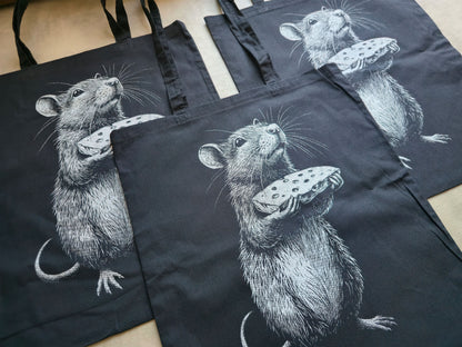Rat With Cheese Tote Bag | Screen Printed Rat Tote | Cotton Tote Bag