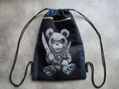 Killer Teddy Bear Drawstring Backpack | Handmade Screen Printed Bag | Upcycled Denim Backpack