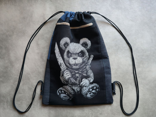 Killer Teddy Bear Drawstring Backpack | Handmade Screen Printed Bag | Upcycled Denim Backpack