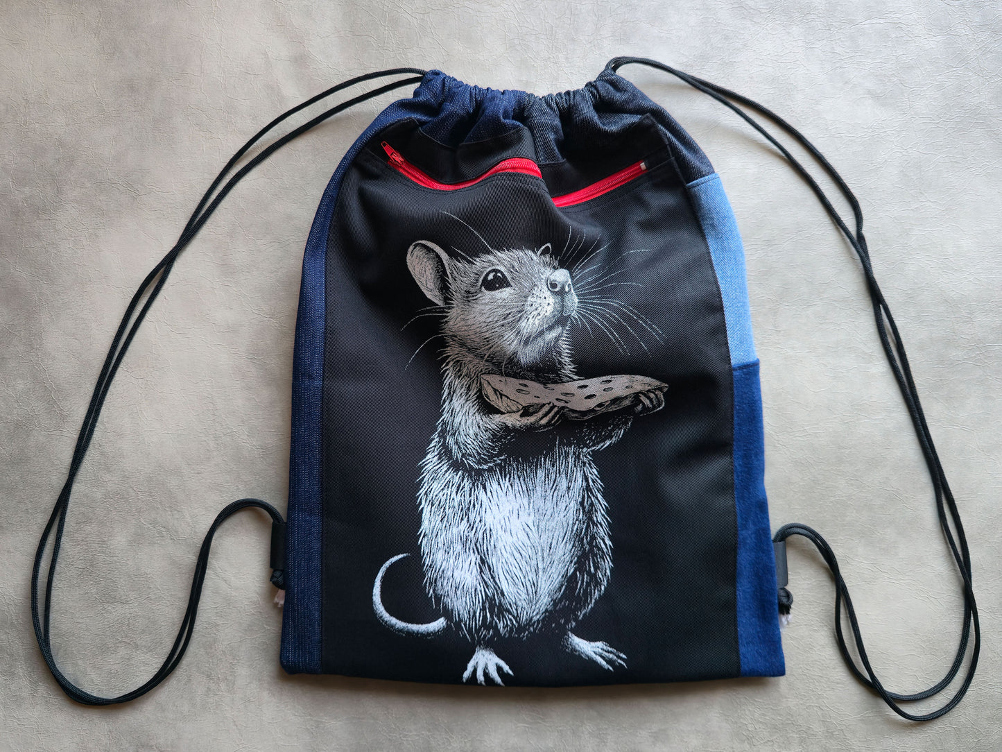 Rat With Cheese Drawstring Backpack | Handmade Screen Printed Bag| Upcycled Denim Backpack
