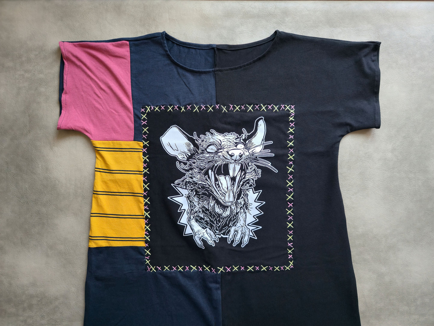 Screaming Rat Patch Dress | Handmade Screen Printed Dress | Zero waste Patchwork Dress