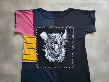 Screaming Rat Patch Dress | Handmade Screen Printed Dress | Zero waste Patchwork Dress