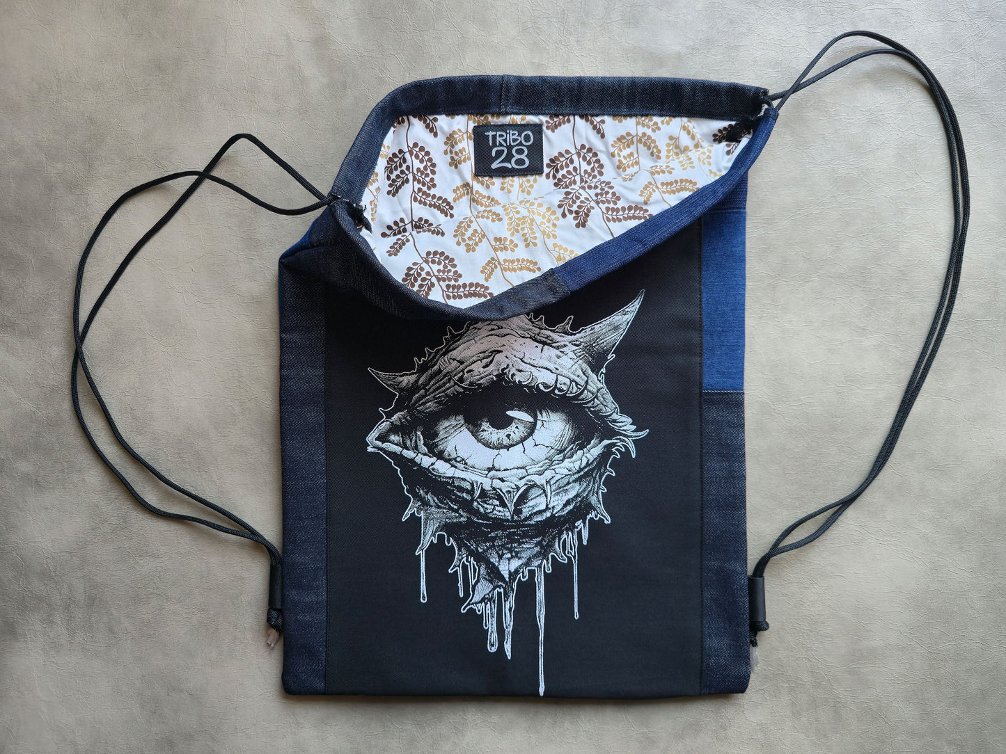 Eye See You Drawstring Backpack | Handmade Screen Printed Bag | Upcycled Denim Backpack