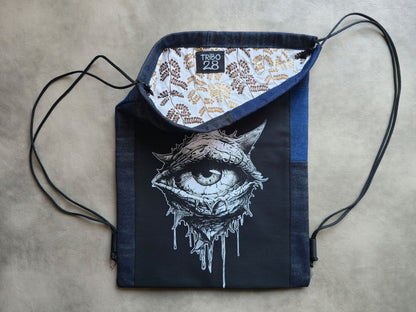 Eye See You Drawstring Backpack | Handmade Screen Printed Bag | Upcycled Denim Backpack