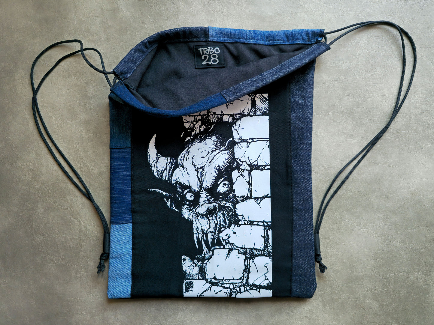 Wall Monster Drawstring Backpack | Handmade Screen Printed Bag | Upcycled Denim Backpack