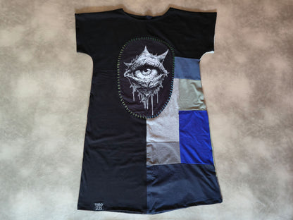 Eye See You Patch Dress | Handmade Screen Printed Dress | Zero waste Patchwork Dress