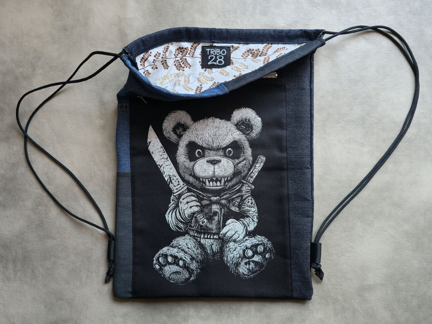 Killer Teddy Bear Drawstring Backpack | Handmade Screen Printed Bag | Upcycled Denim Backpack