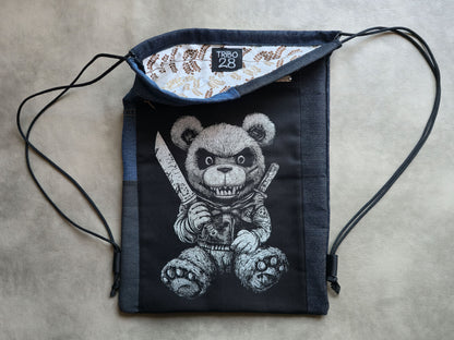 Killer Teddy Bear Drawstring Backpack | Handmade Screen Printed Bag | Upcycled Denim Backpack