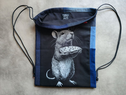 Rat With Cheese Drawstring Backpack | Handmade Screen Printed Bag| Upcycled Denim Backpack