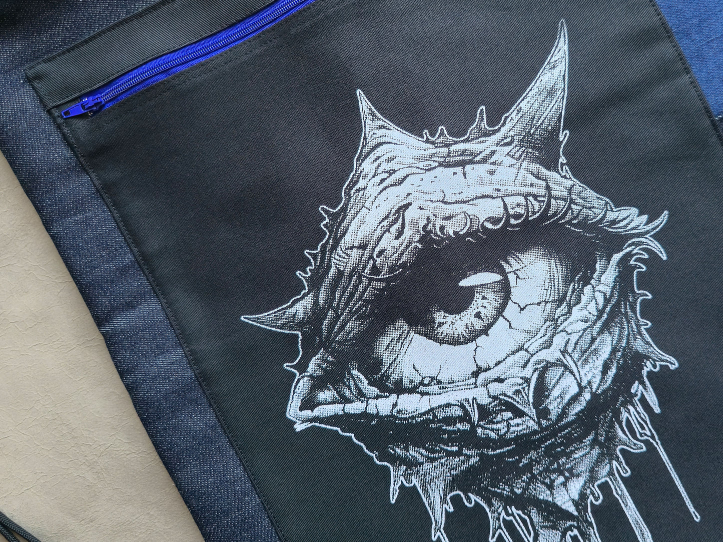 Eye See You Drawstring Backpack | Handmade Screen Printed Bag | Upcycled Denim Backpack