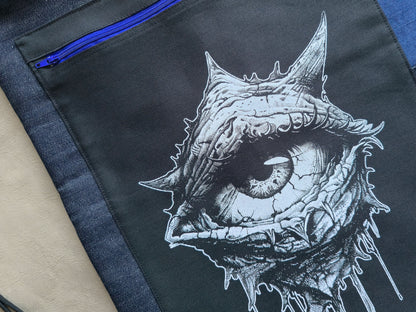 Eye See You Drawstring Backpack | Handmade Screen Printed Bag | Upcycled Denim Backpack