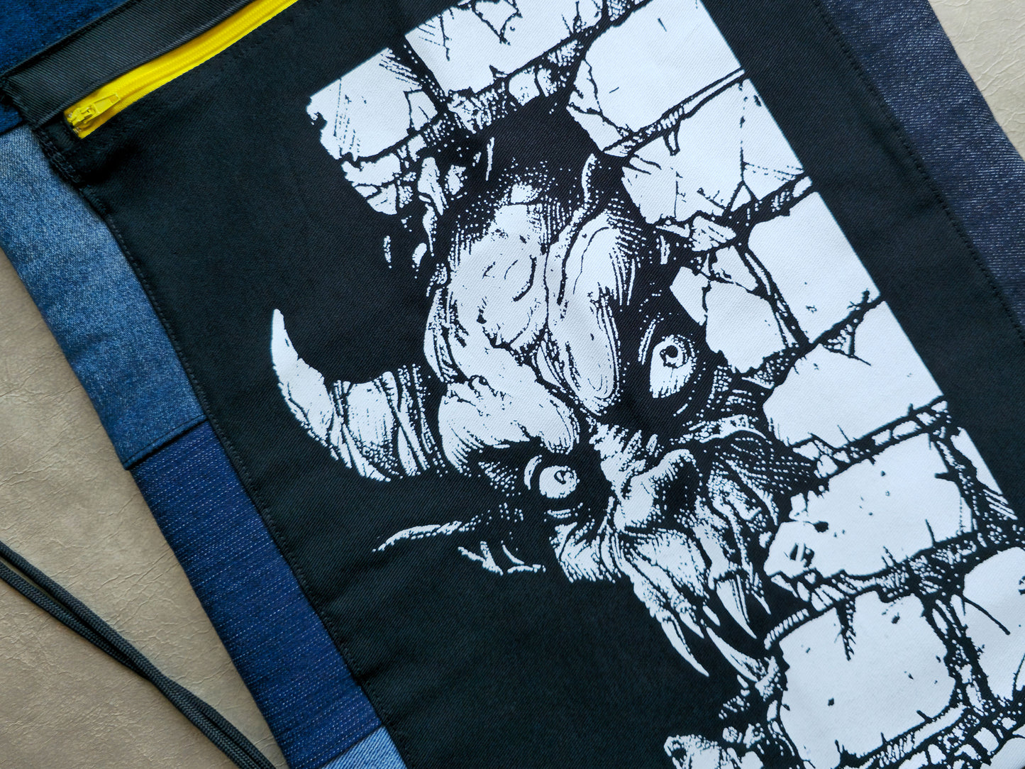 Wall Monster Drawstring Backpack | Handmade Screen Printed Bag | Upcycled Denim Backpack
