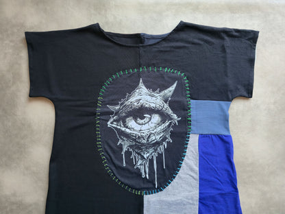 Eye See You Patch Dress | Handmade Screen Printed Dress | Zero waste Patchwork Dress