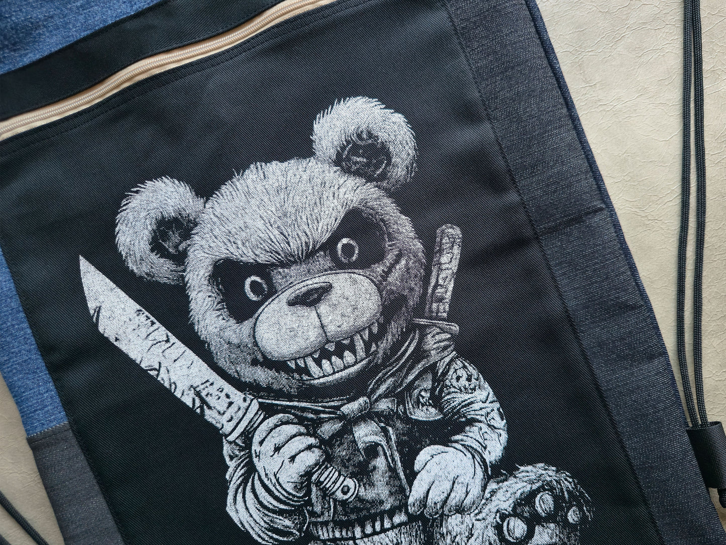 Killer Teddy Bear Drawstring Backpack | Handmade Screen Printed Bag | Upcycled Denim Backpack