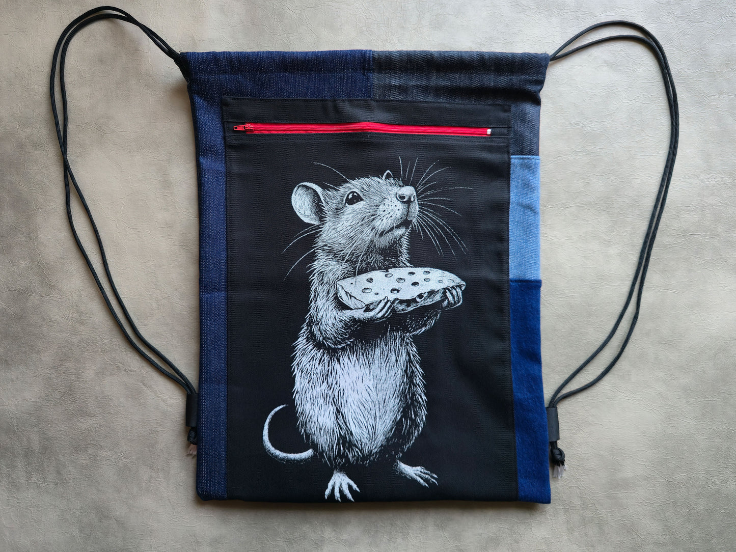 Rat With Cheese Drawstring Backpack | Handmade Screen Printed Bag| Upcycled Denim Backpack