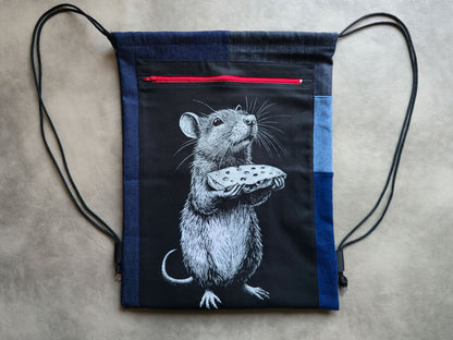 Rat With Cheese Drawstring Backpack | Handmade Screen Printed Bag| Upcycled Denim Backpack