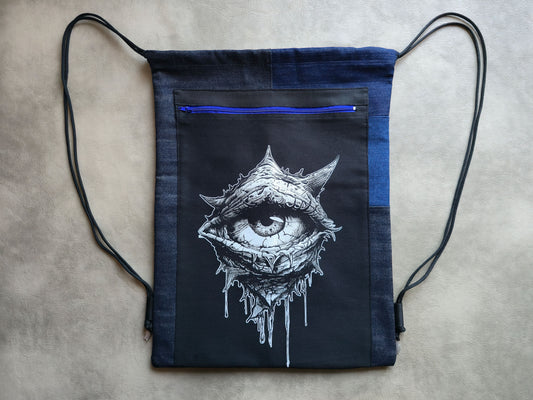 Eye See You Drawstring Backpack | Handmade Screen Printed Bag | Upcycled Denim Backpack