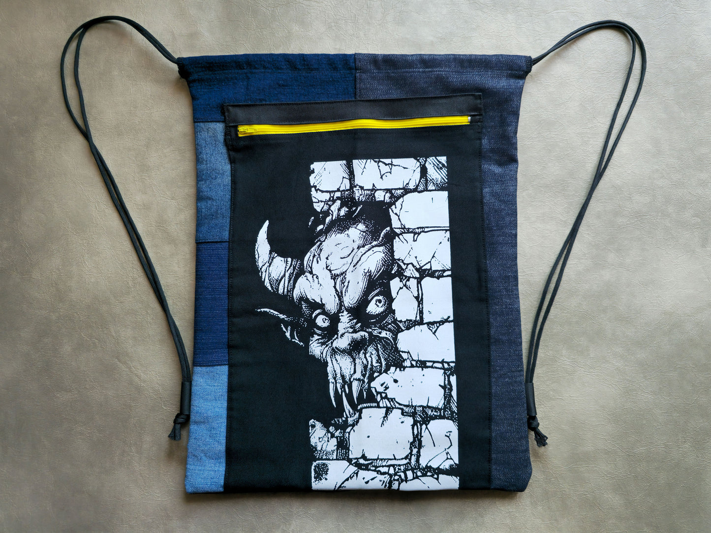 Wall Monster Drawstring Backpack | Handmade Screen Printed Bag | Upcycled Denim Backpack