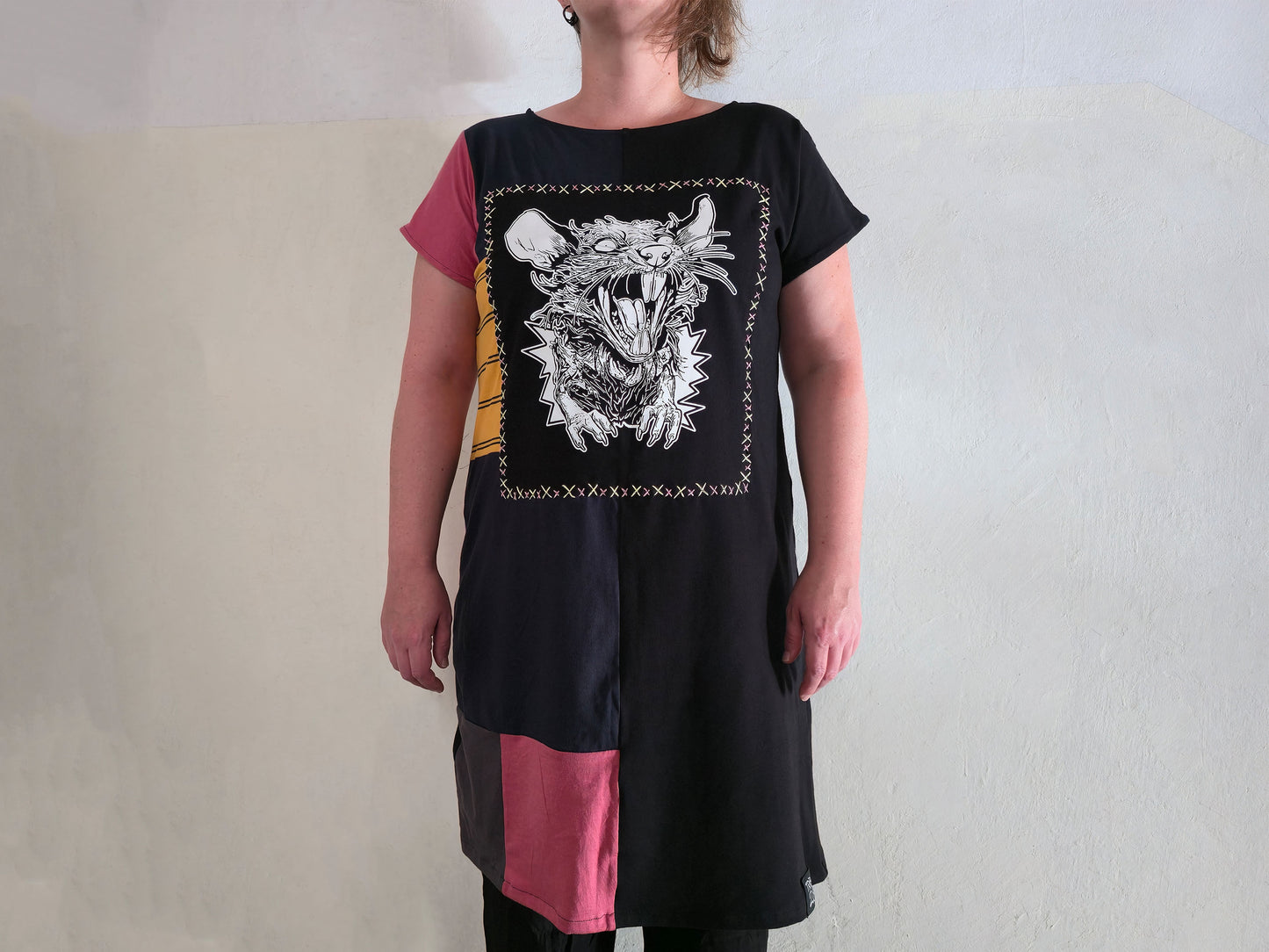Screaming Rat Patch Dress | Handmade Screen Printed Dress | Zero waste Patchwork Dress