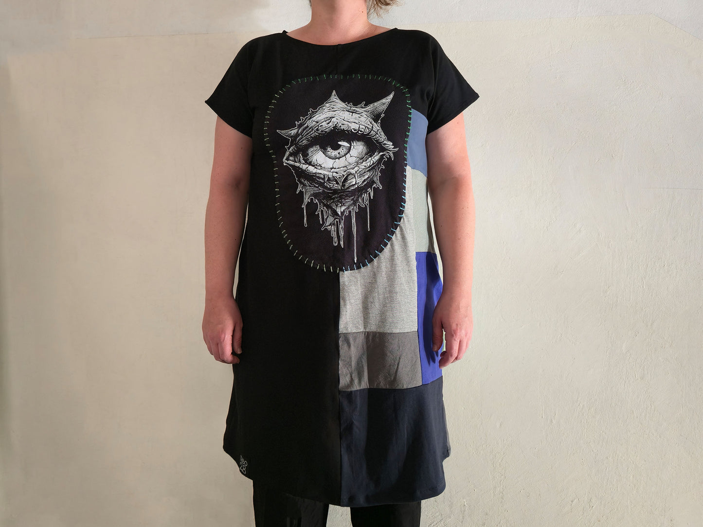 Eye See You Patch Dress | Handmade Screen Printed Dress | Zero waste Patchwork Dress