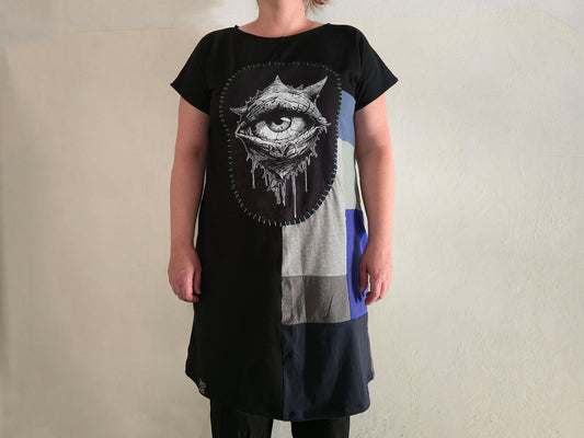 Eye See You Patch Dress | Handmade Screen Printed Dress | Zero waste Patchwork Dress