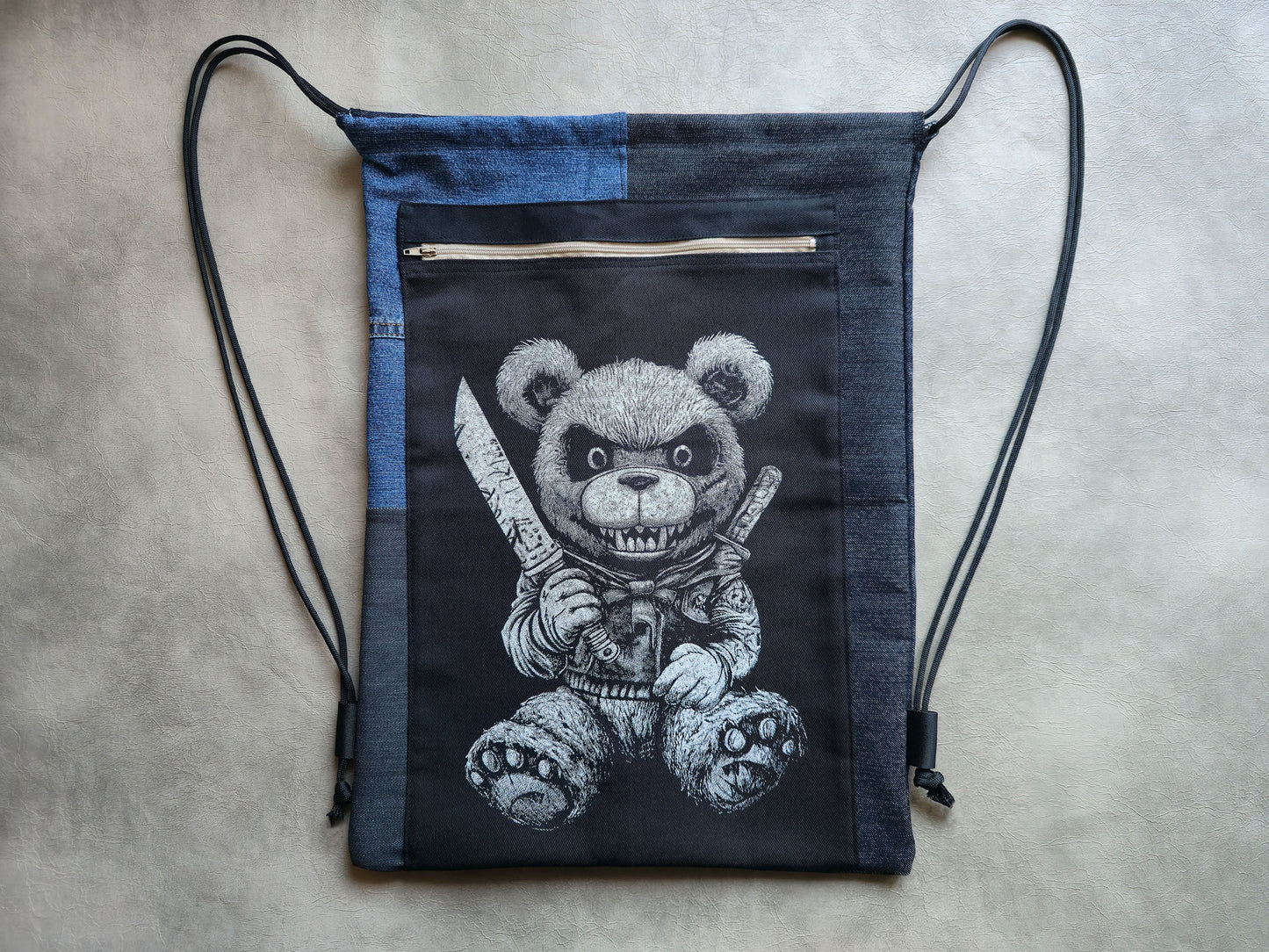 Killer Teddy Bear Drawstring Backpack | Handmade Screen Printed Bag | Upcycled Denim Backpack