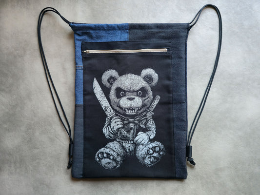Killer Teddy Bear Drawstring Backpack | Handmade Screen Printed Bag | Upcycled Denim Backpack